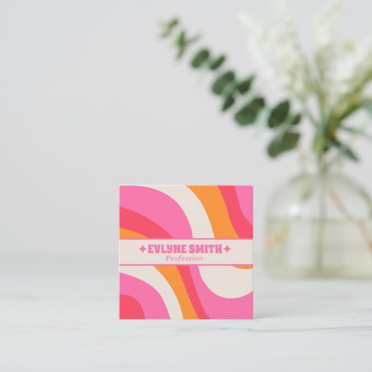 Retro Soft Pink Orange Boho Groovy Girly Trendy スクエア名刺 (スタンド正面)