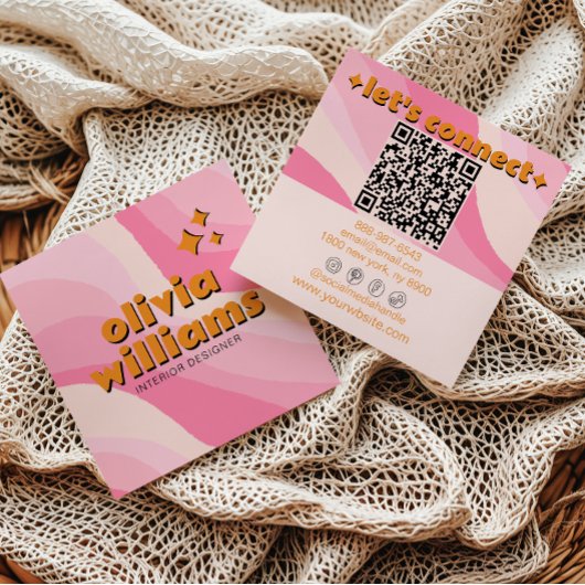 Retro Soft Pink Orange QR Code Groovy Girly Trendy スクエア名刺