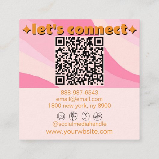Retro Soft Pink Orange QR Code Groovy Girly Trendy スクエア名刺 (裏面)