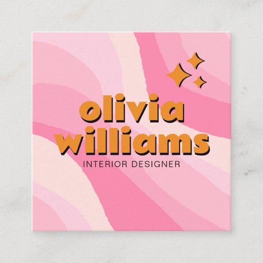 Retro Soft Pink Orange QR Code Groovy Girly Trendy スクエア名刺 (正面)