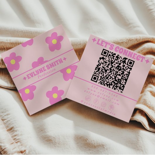 Retro Soft Pink QR Code Groovy Floral Girly Boho スクエア名刺