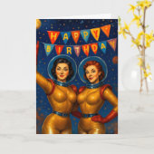 Retro Space Babes Birthday Vintage Pin-Up  カード (黄色い花)