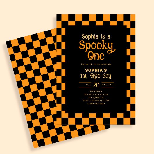 Retro Spooky One Checkered Orange 1st Birthday 招待状