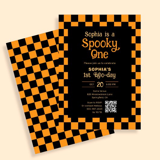 Retro Spooky One Checkered Orange 1st Birthday 招待状