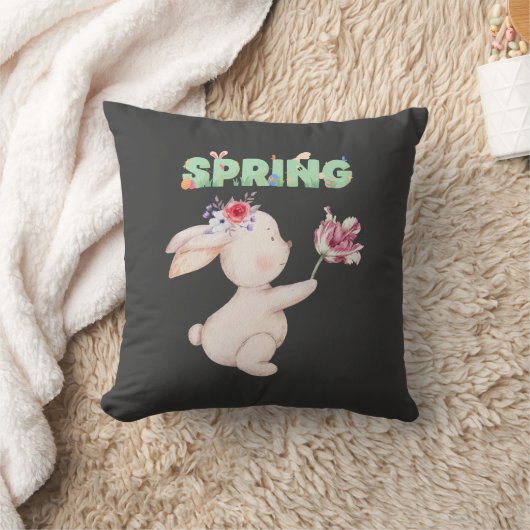 Retro Spring Bunny with Tulip Graphic Tee クッション (ブランケット)