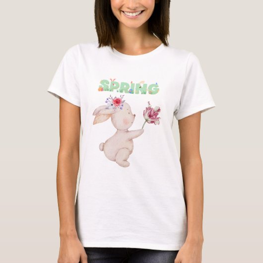 Retro Spring Bunny with Tulip Graphic Tee Tシャツ (正面)