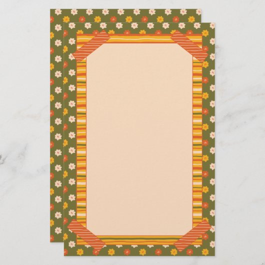 Retro Spring Hand Drawn Faux Washi Floral Vertical 便箋 (正面/裏面)