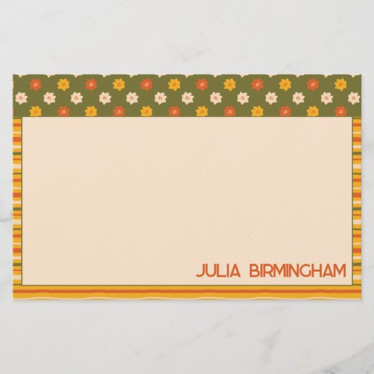 Retro Spring Hand Drawn Floral Striped Horizontal 便箋 (正面)