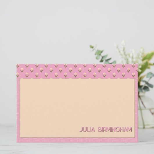 Retro Spring Hand Drawn Pink Floral and Grid 便箋 (スタンド正面)