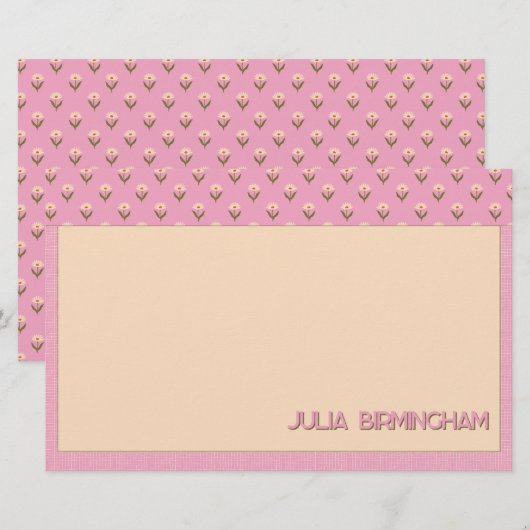 Retro Spring Hand Drawn Pink Floral and Grid 便箋 (正面/裏面)