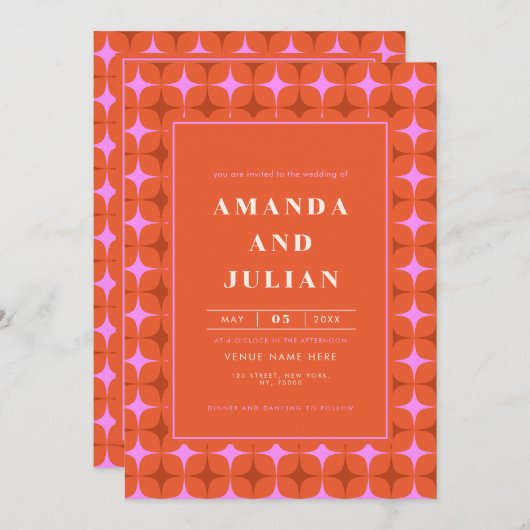 Retro Square Mid Century Modern All in One Wedding 招待状 (正面/裏面)