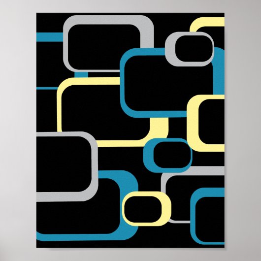 Retro Squares Pattern Yellow Blue Gray Black ポスター (正面)