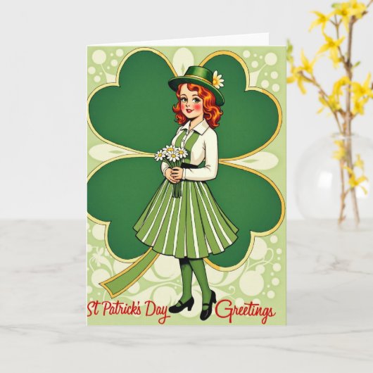 Retro St Patricks Day Woman Card カード (黄色い花)