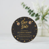 Retro Stars Black Gold Glitter Disco Ball Wedding セーブザデート (スタンド正面)