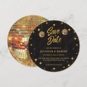 Retro Stars Black Gold Glitter Disco Ball Wedding セーブザデート (正面/裏面)