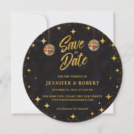 Retro Stars Black Gold Glitter Disco Ball Wedding セーブザデート