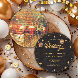 Retro Stars Black Gold Glitter Disco Ball Wedding 招待状