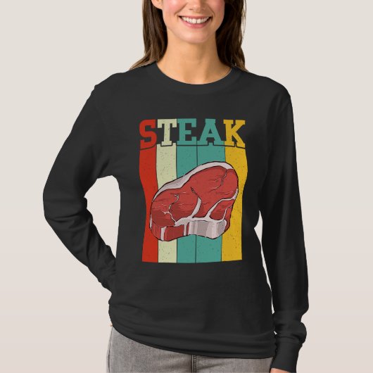 Retro Steak Raw Steak Meat Food Beef Cow Grilling Tシャツ (正面)