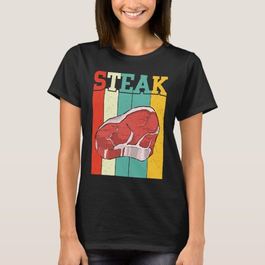 Retro Steak Raw Steak Meat Food Beef Cow Grilling Tシャツ (正面)