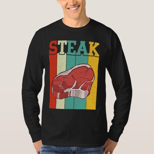 Retro Steak Raw Steak Meat Food Beef Cow Grilling Tシャツ (正面)