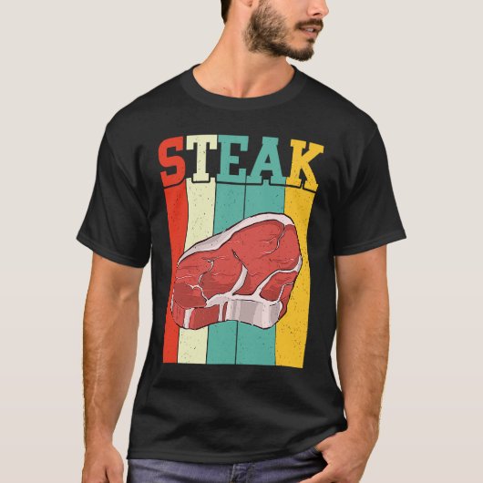Retro Steak Raw Steak Meat Food Beef Cow Grilling Tシャツ (正面)