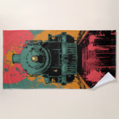 Retro Steam Train Graphic with Bold Sunset Colors ビーチタオル (正面)