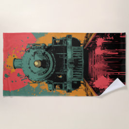 Retro Steam Train Graphic with Bold Sunset Colors ビーチタオル