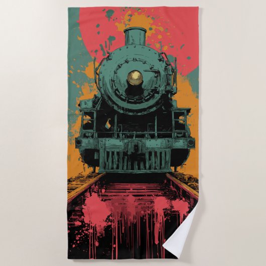 Retro Steam Train Graphic with Bold Sunset Colors ビーチタオル (正面)