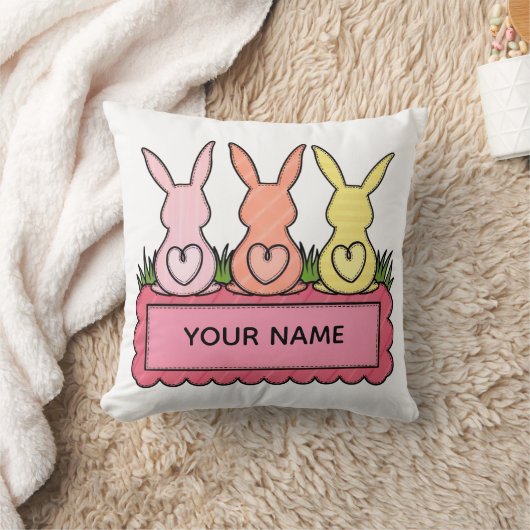 Retro Stitched Easter Bunny Trio Custom Text Banne クッション (ブランケット)