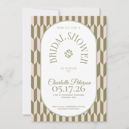 Retro stripe olive pink typography Bridal Shower 招待状 (正面)