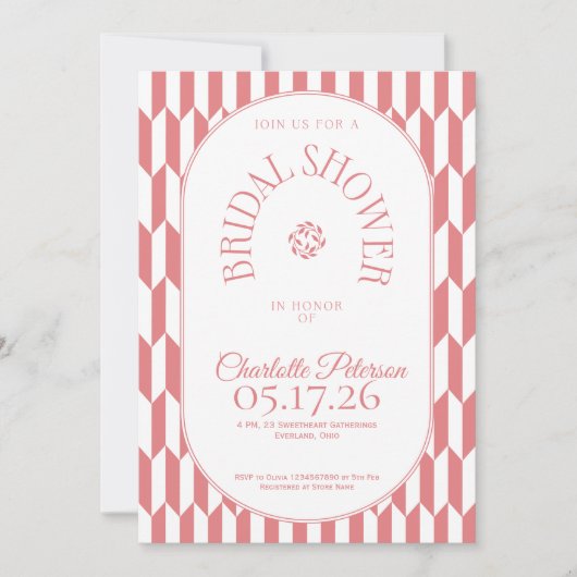 Retro stripe soft pink typography Bridal Shower 招待状 (正面)