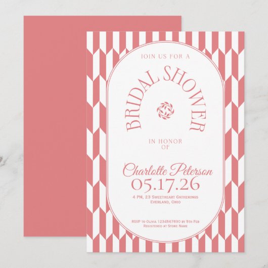 Retro stripe soft pink typography Bridal Shower 招待状 (正面/裏面)