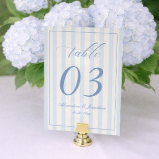 Retro Striped White and Blue Wedding Table Number テーブルナンバー