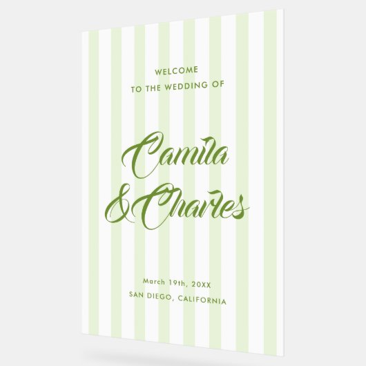 Retro Striped White and Green Wedding Welcome  アクリルサイン (傾斜)
