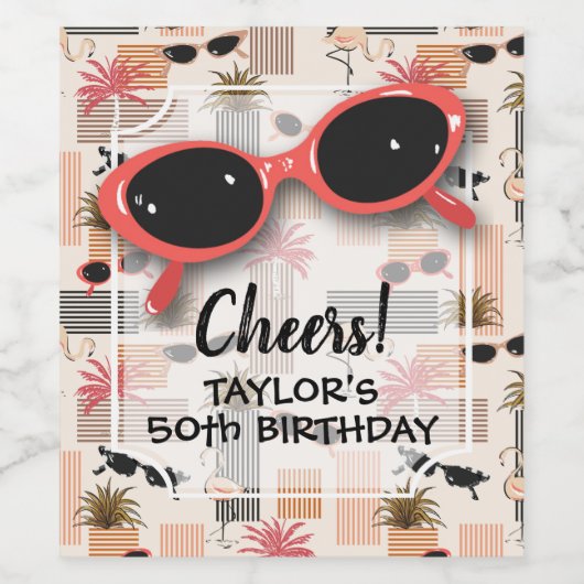 Retro Stripes Flamingos Palms Sunglasses ワインラベル (シングルラベル)