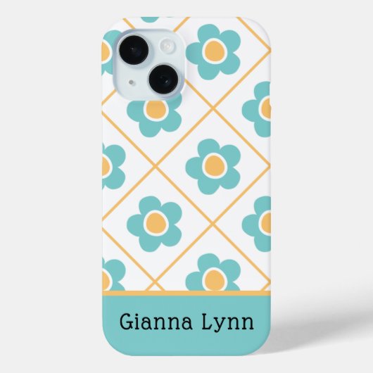 Retro-Style Aqua Yellow Floral Monogram Case-Mate iPhoneケース (裏面)