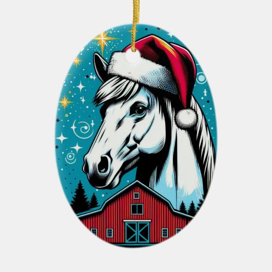 Retro Style Christmas Horse and Barn セラミックオーナメント (正面)