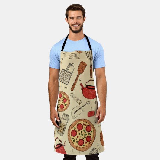 retro style printed pizza utensils エプロン (着用した状態)