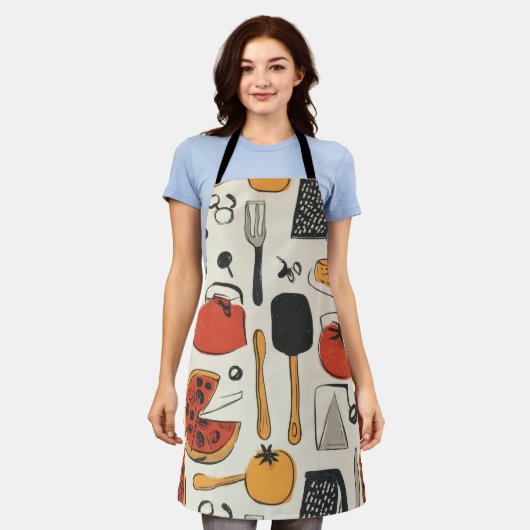 retro style printed pizza utensils エプロン (着用した状態)