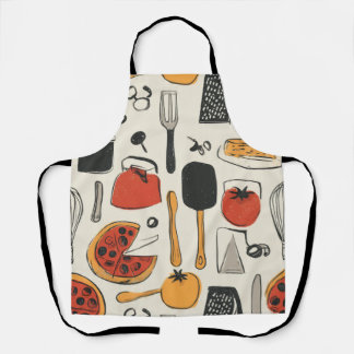 retro style printed pizza utensils エプロン