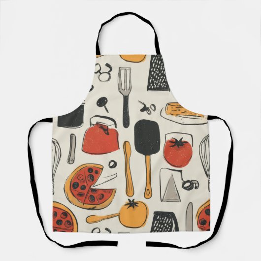retro style printed pizza utensils エプロン (正面)