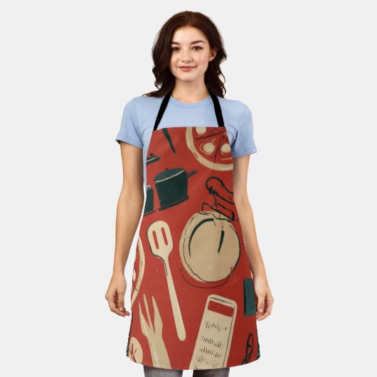 retro style printed pizza utensils Apron エプロン (着用した状態)