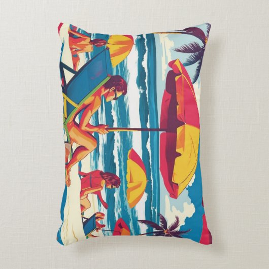 Retro Summer Beach Scene Throw Pillow  アクセントクッション (正面(垂直))