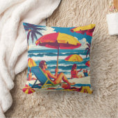 Retro Summer Beach Scene Throw Pillow  クッション (ブランケット)