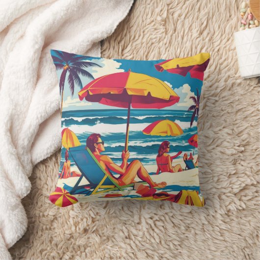 Retro Summer Beach Scene Throw Pillow クッション (ブランケット)