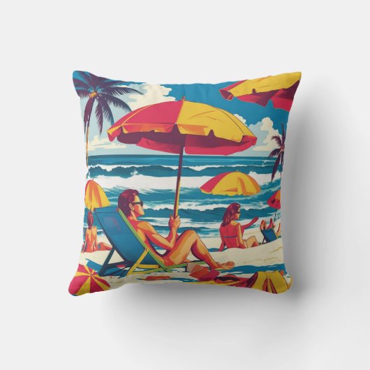 Retro Summer Beach Scene Throw Pillow クッション (裏面)