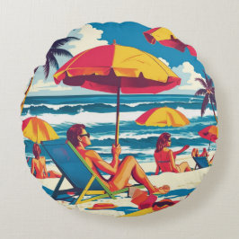 Retro Summer Beach Scene Throw Pillow  ラウンドクッション
