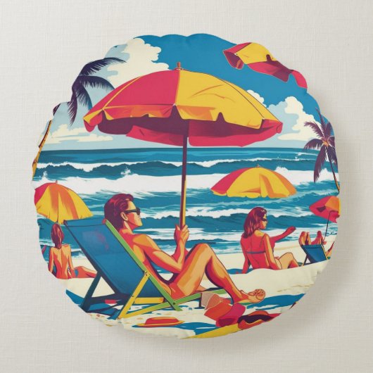 Retro Summer Beach Scene Throw Pillow  ラウンドクッション (正面)