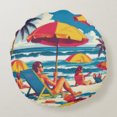 Retro Summer Beach Scene Throw Pillow  ラウンドクッション (裏面)