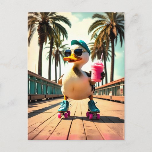 Retro Summer Funny Roller Duck シーズンポストカード (正面)